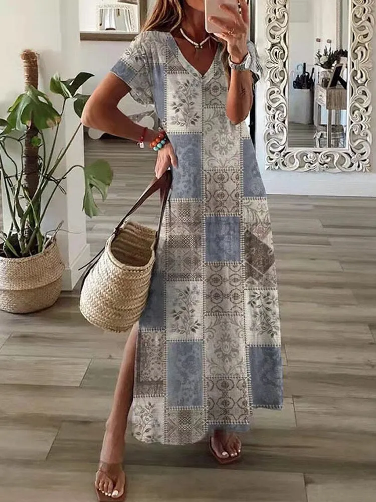 Boho Summer Beach Sundress Robe Female Casual Vintage Print Loose Long Dress Cover Up Women Hollow Short Sleeve Dress Cover-Ups