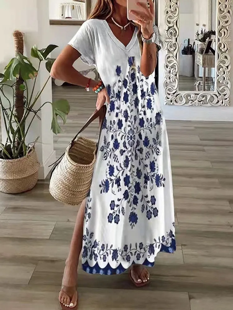 Boho Summer Beach Sundress Robe Female Casual Vintage Print Loose Long Dress Cover Up Women Hollow Short Sleeve Dress Cover-Ups