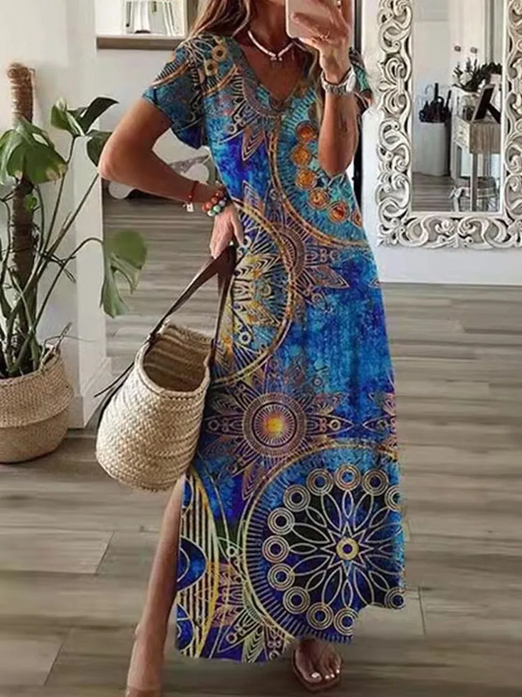 Boho Summer Beach Sundress Robe Female Casual Vintage Print Loose Long Dress Cover Up Women Hollow Short Sleeve Dress Cover-Ups