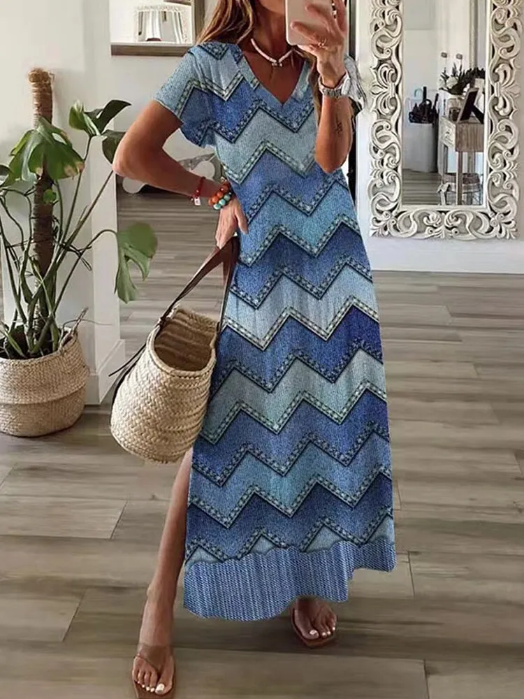 Boho Summer Beach Sundress Robe Female Casual Vintage Print Loose Long Dress Cover Up Women Hollow Short Sleeve Dress Cover-Ups