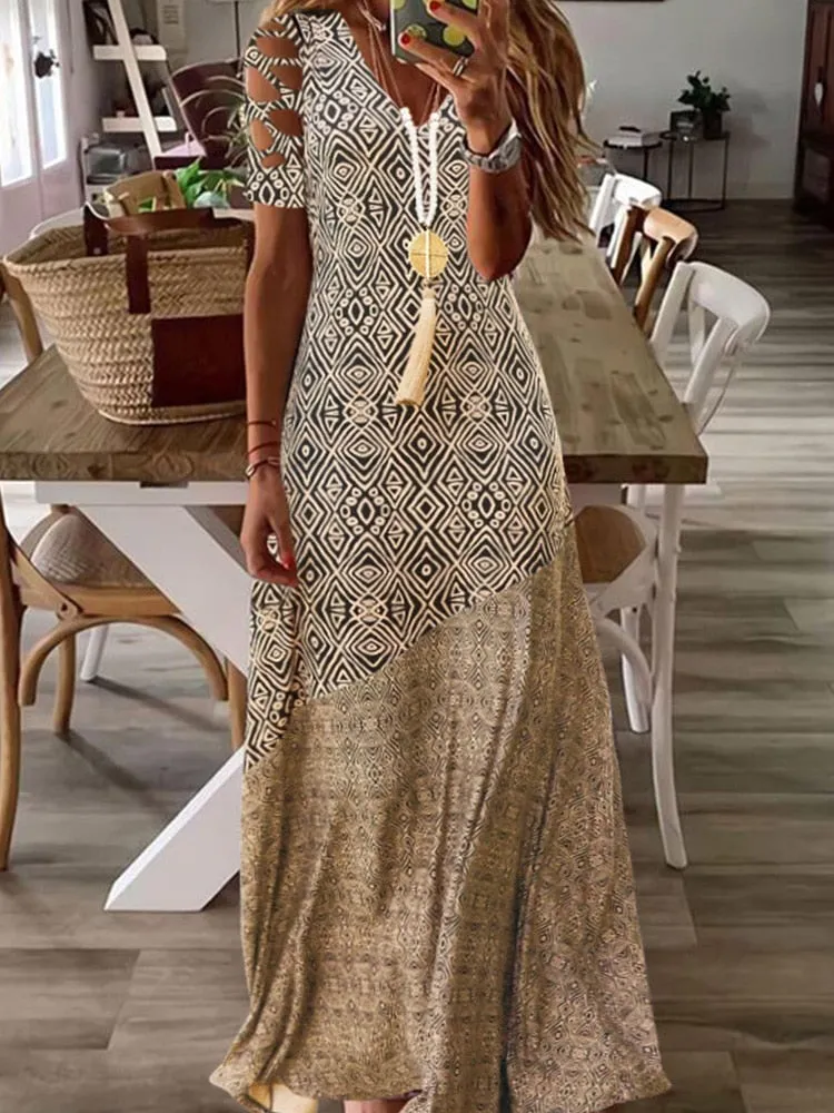 Boho Summer Beach Sundress Robe Female Casual Vintage Print Loose Long Dress Cover Up Women Hollow Short Sleeve Dress Cover-Ups