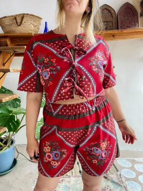 DESERT FOX Red Provencal Print High Waisted Shorts - W26 - W36