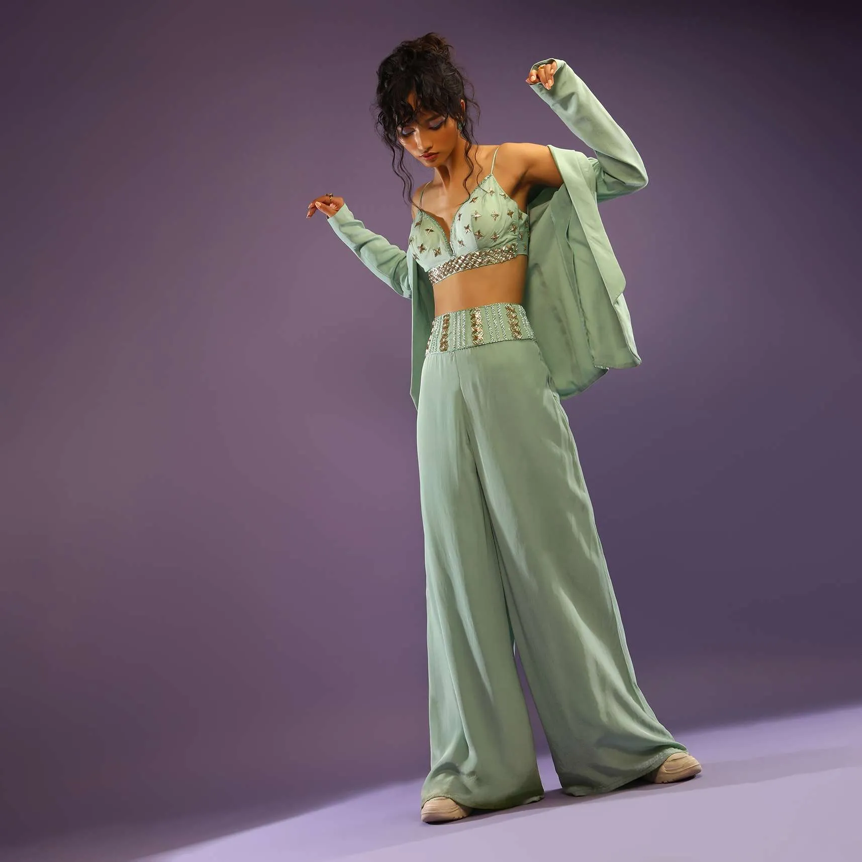 Dusty Jade Blazer And Palazzo Suit With Cut Dana Embroidered Bustier