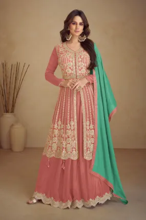Dusty Pink Real Chinon Palazzo Suit with Golden Embroidery