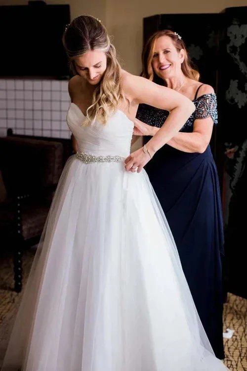 Elegant A-Line Strapless Sweetheart White Wedding Dresses with Rhinestone Sash