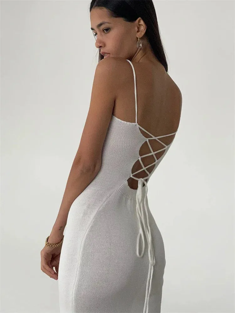 Elegant Knitted Long White Backless Bodycon Lace-Up Slit Maxi Dress