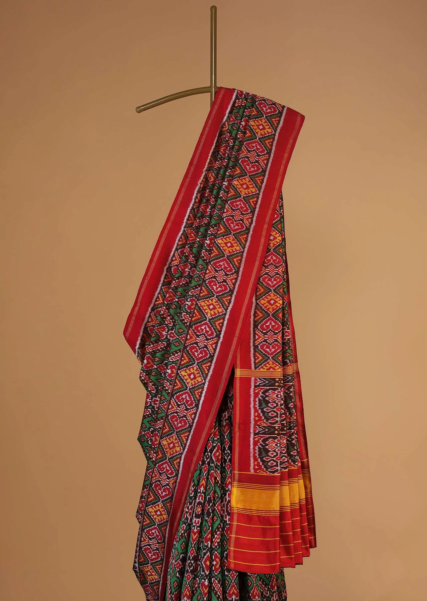 Fern Green Handloom Double Ikat Patola Woven Saree In Linen With An Unstitched Blouse
