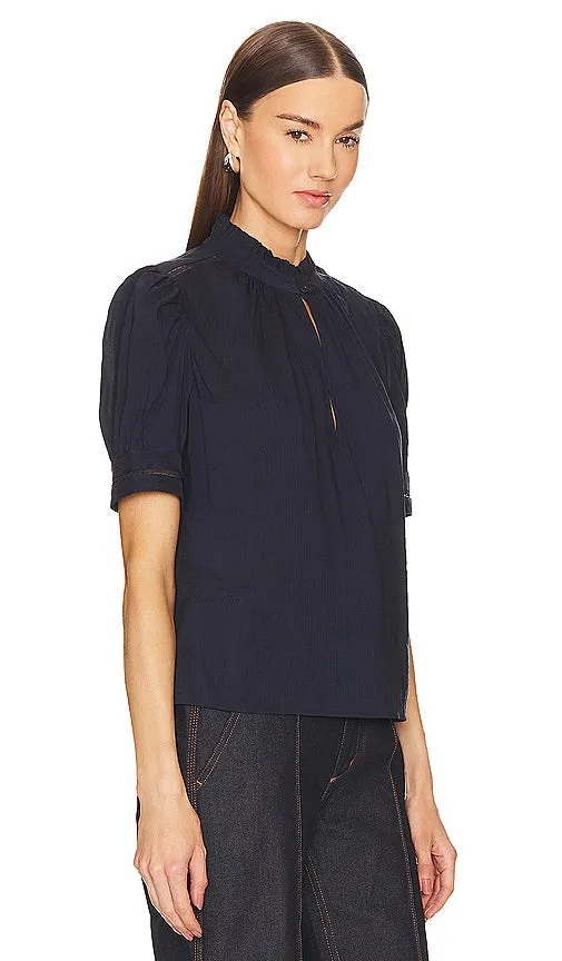 FRAME Ruffle Collar Inset Lace Top in Navy