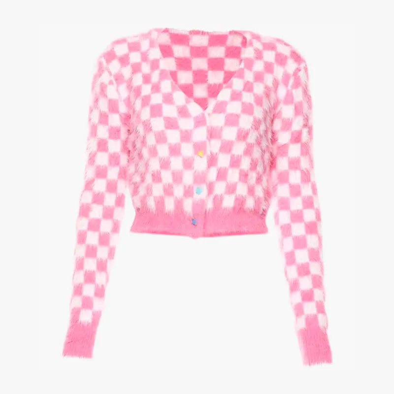 Fuzzy Pink Checkered Cropped Cardigan