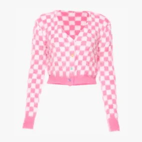Fuzzy Pink Checkered Cropped Cardigan