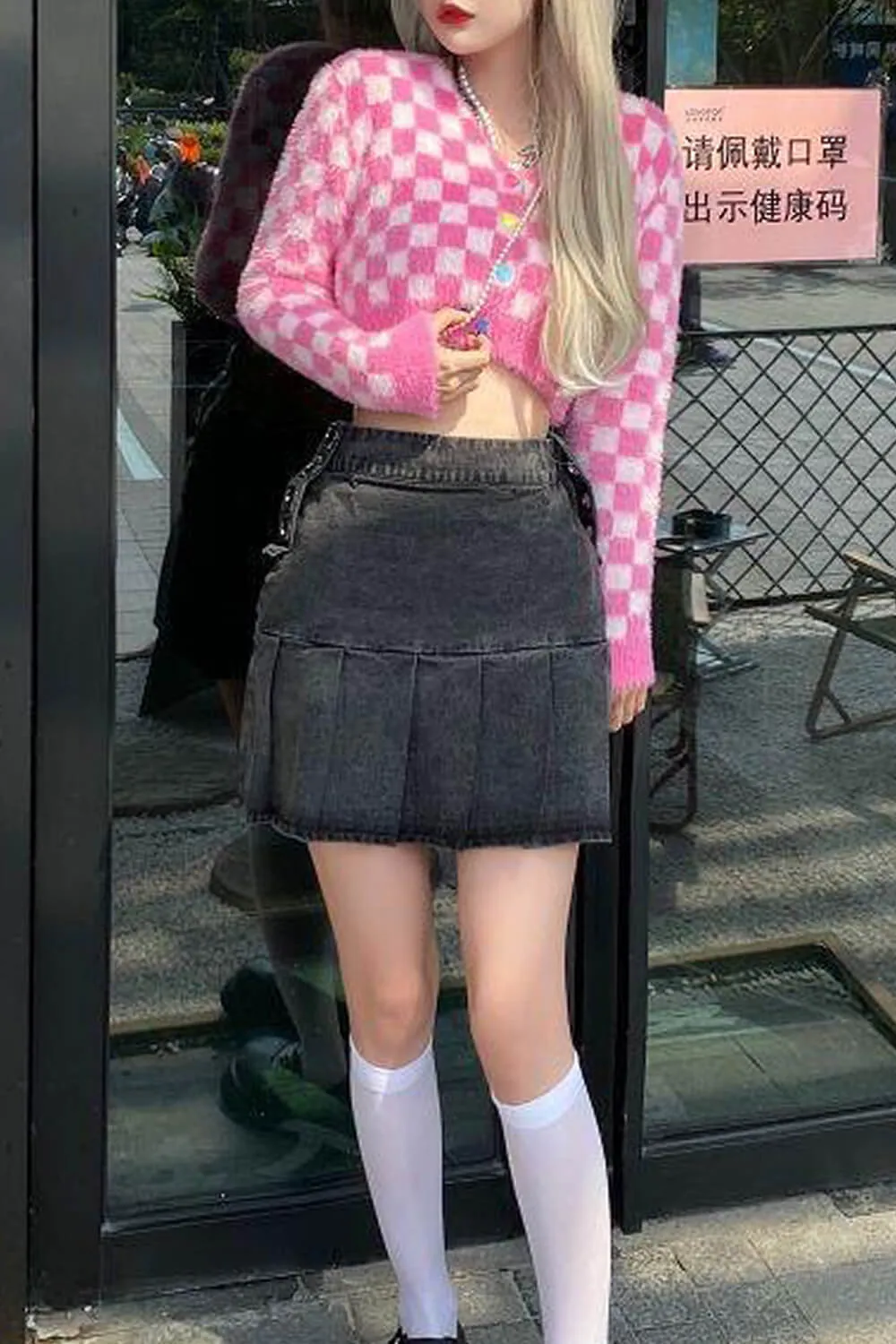 Fuzzy Pink Checkered Cropped Cardigan