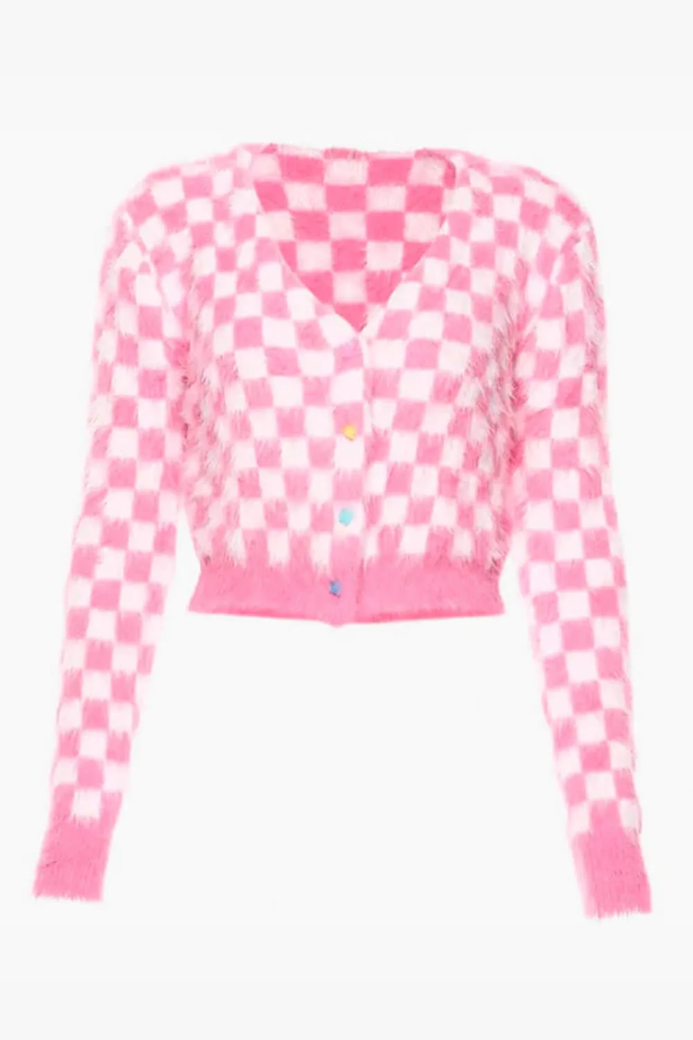 Fuzzy Pink Checkered Cropped Cardigan