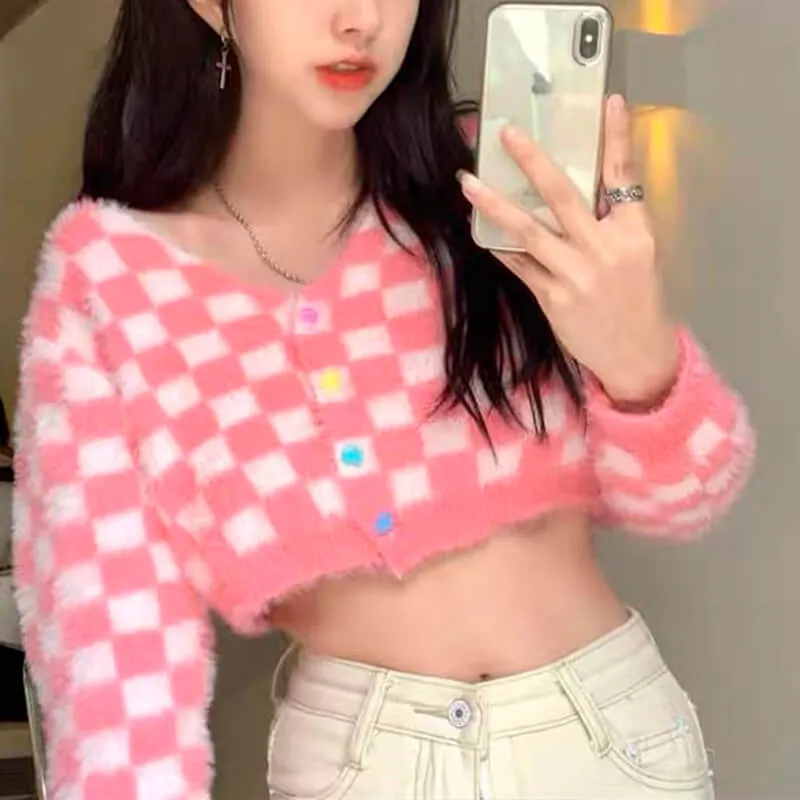 Fuzzy Pink Checkered Cropped Cardigan