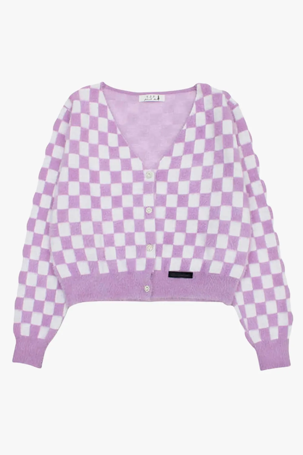 Fuzzy Purple Checkered Cropped Cardigan
