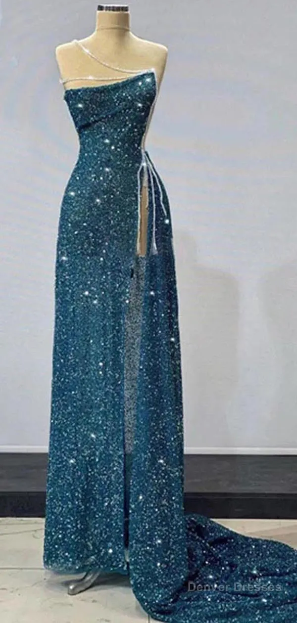 Gorgeous Teal Sheath High Slit Maxi Long Prom Dresses,Evening Dresses