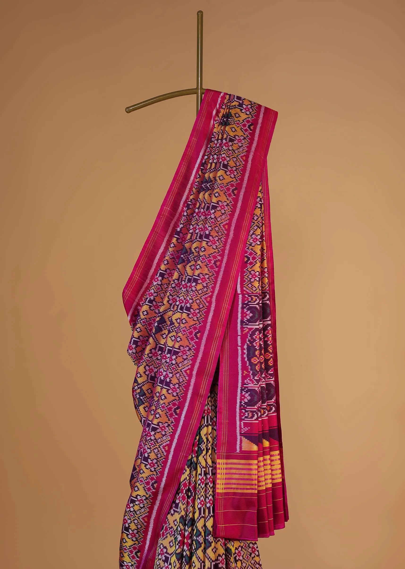 Hot Pink Handloom Double Ikat Patola Woven Saree In Linen With An Unstitched Blouse
