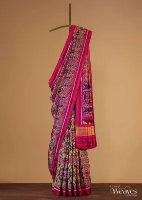 Hot Pink Handloom Double Ikat Patola Woven Saree In Linen With An Unstitched Blouse