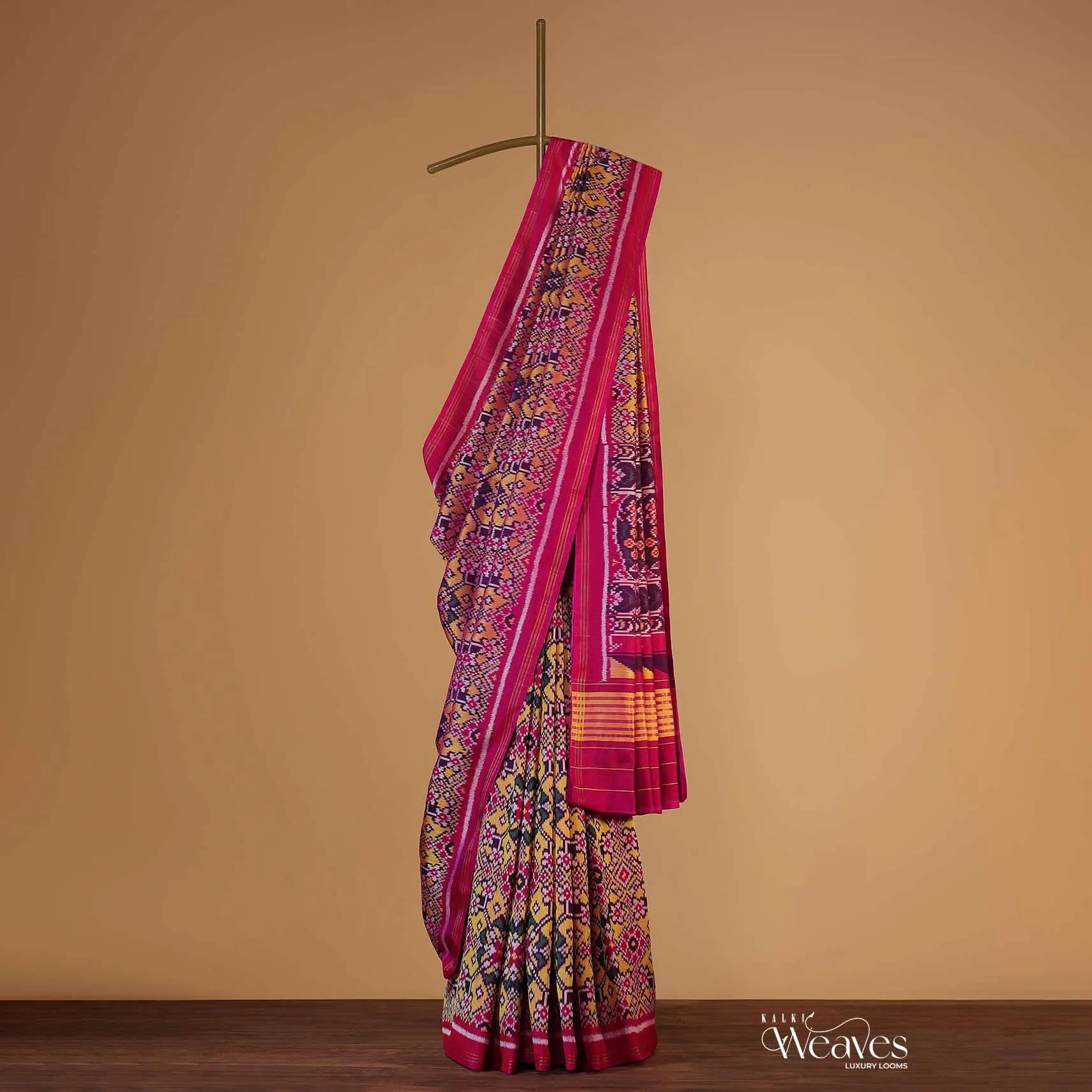 Hot Pink Handloom Double Ikat Patola Woven Saree In Linen With An Unstitched Blouse