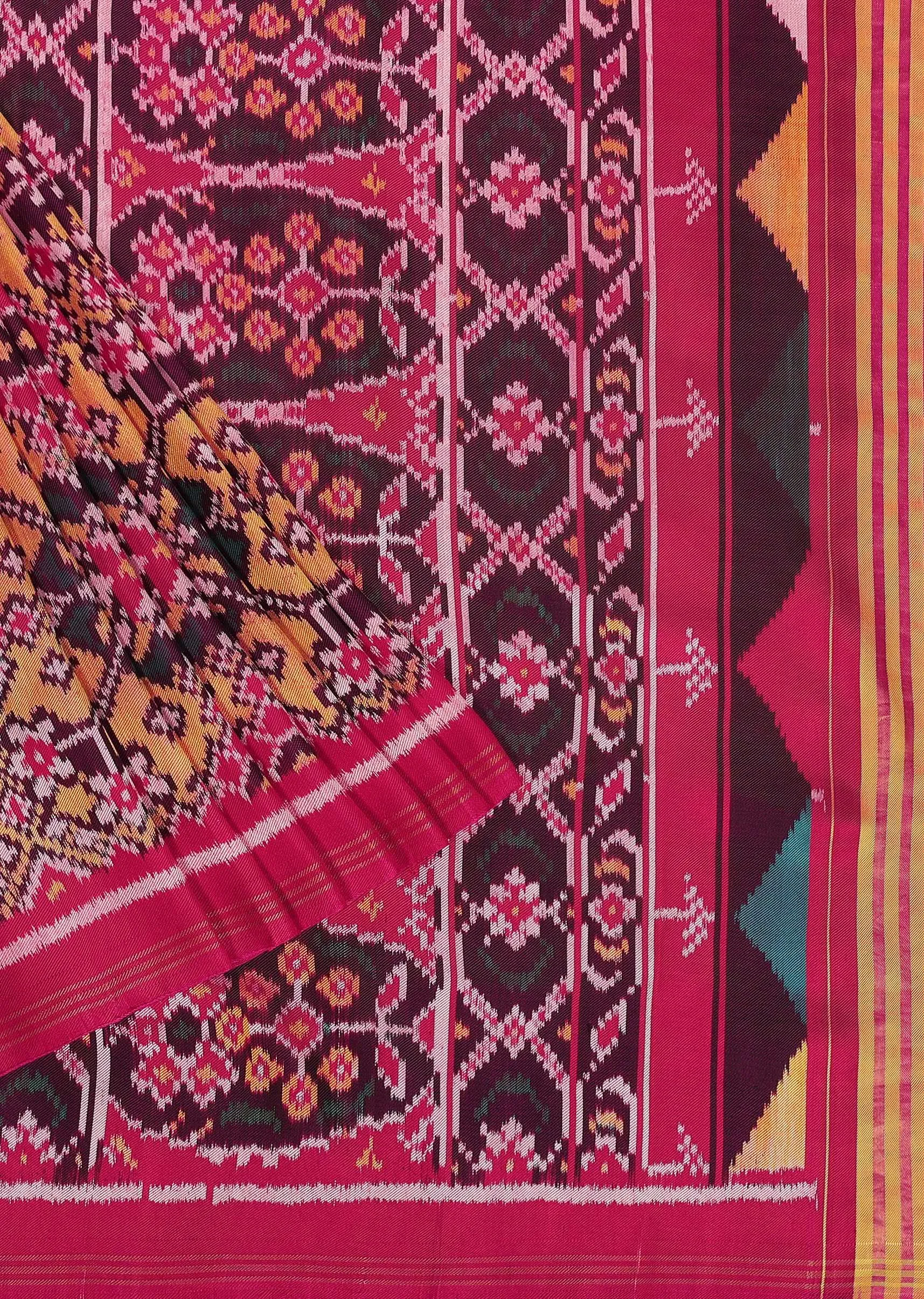 Hot Pink Handloom Double Ikat Patola Woven Saree In Linen With An Unstitched Blouse