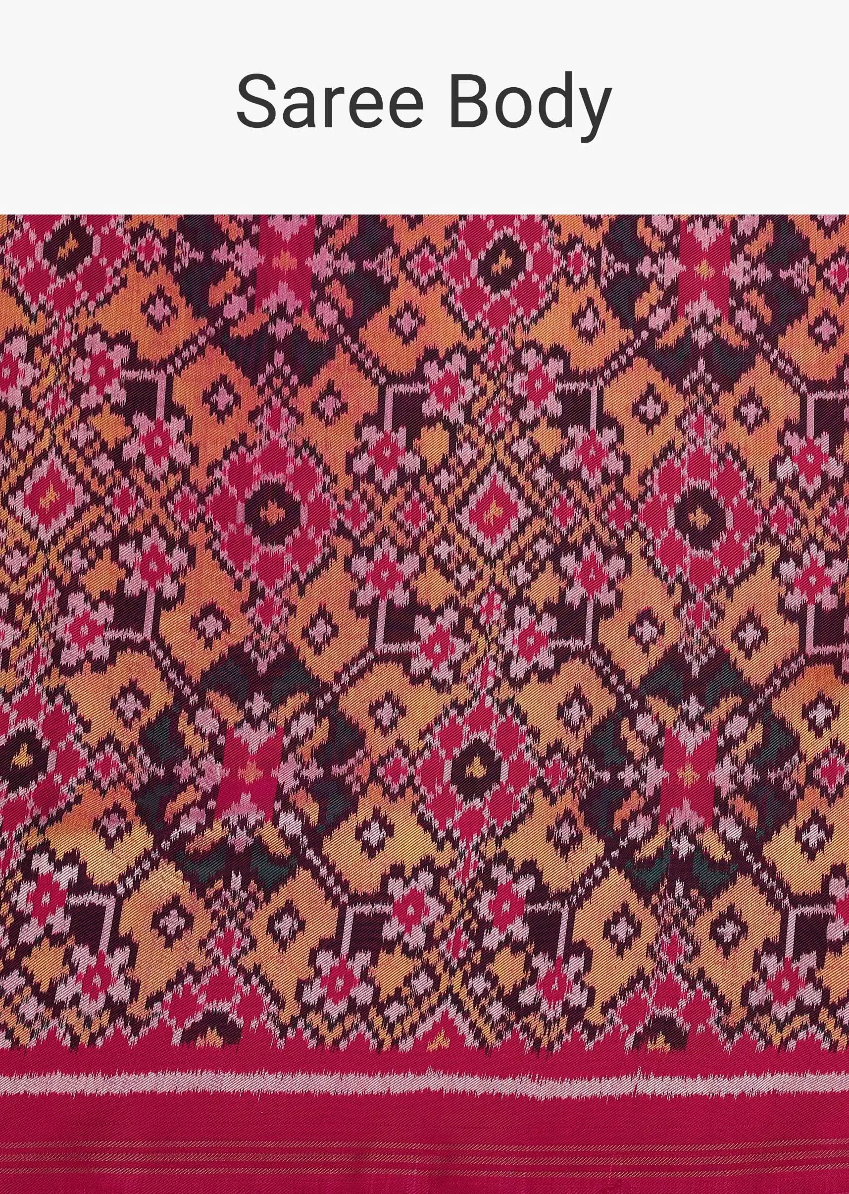 Hot Pink Handloom Double Ikat Patola Woven Saree In Linen With An Unstitched Blouse