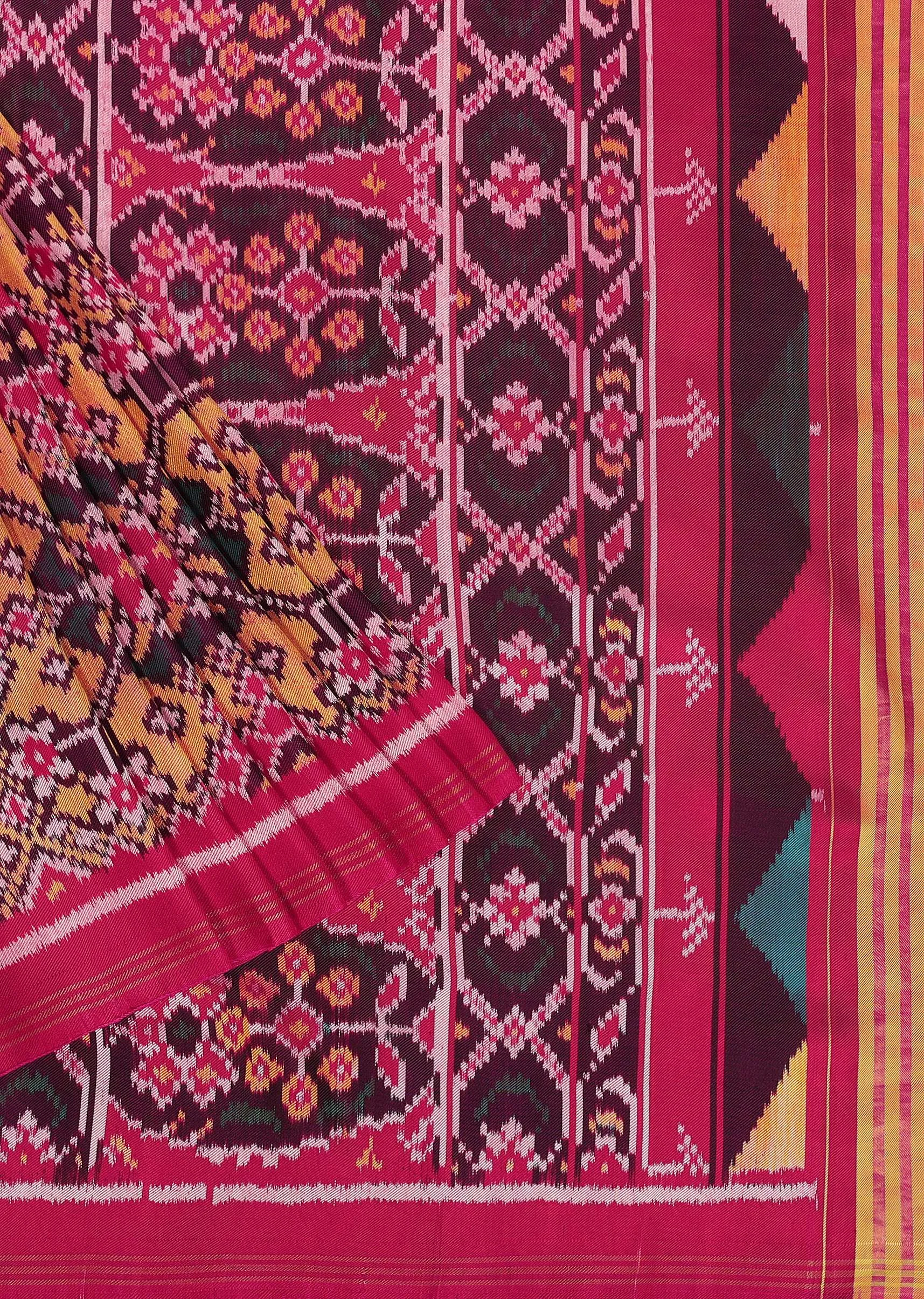Hot Pink Handloom Double Ikat Patola Woven Saree In Linen With An Unstitched Blouse