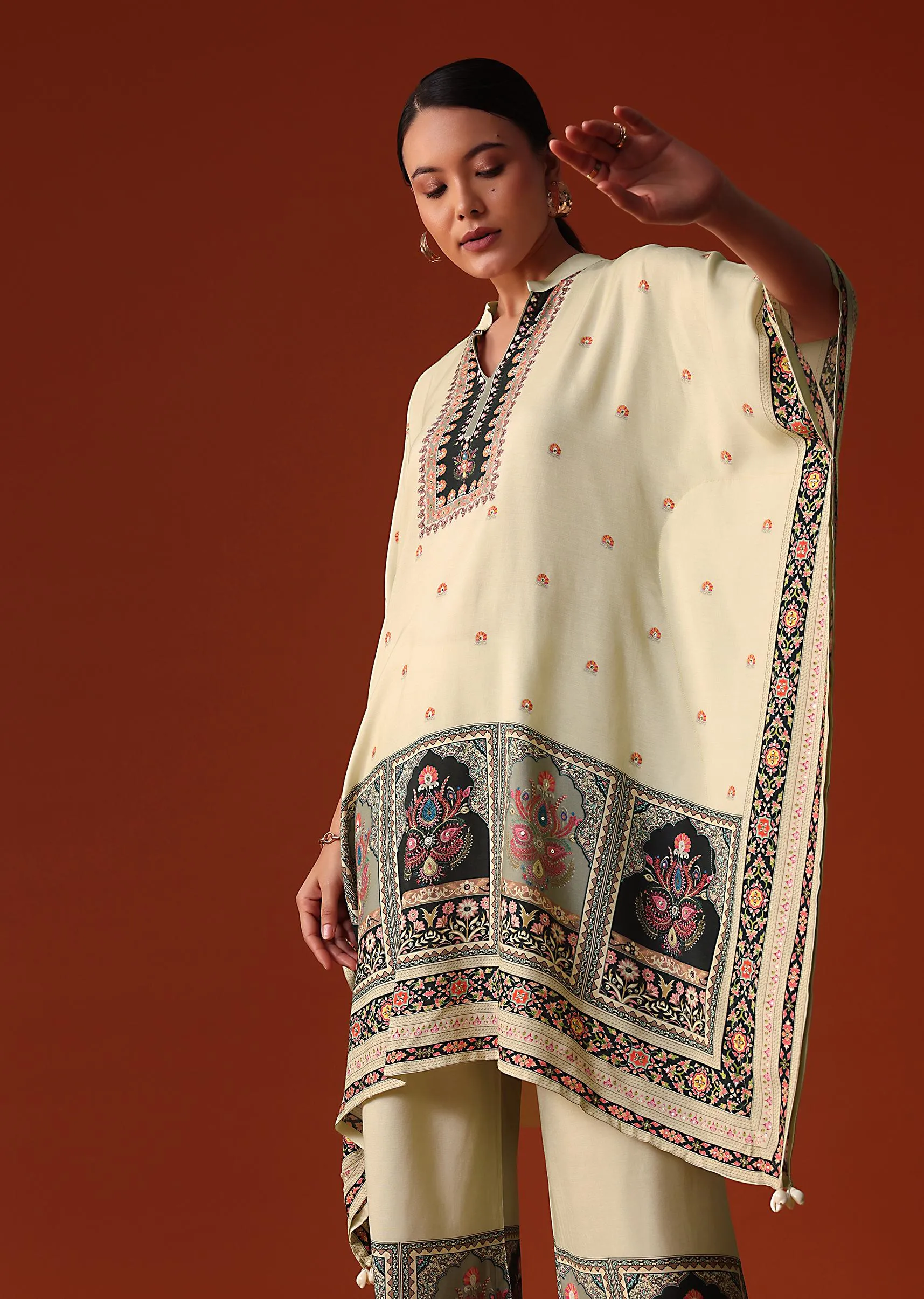 Ivory Silk Printed Kaftan Co Ord Set