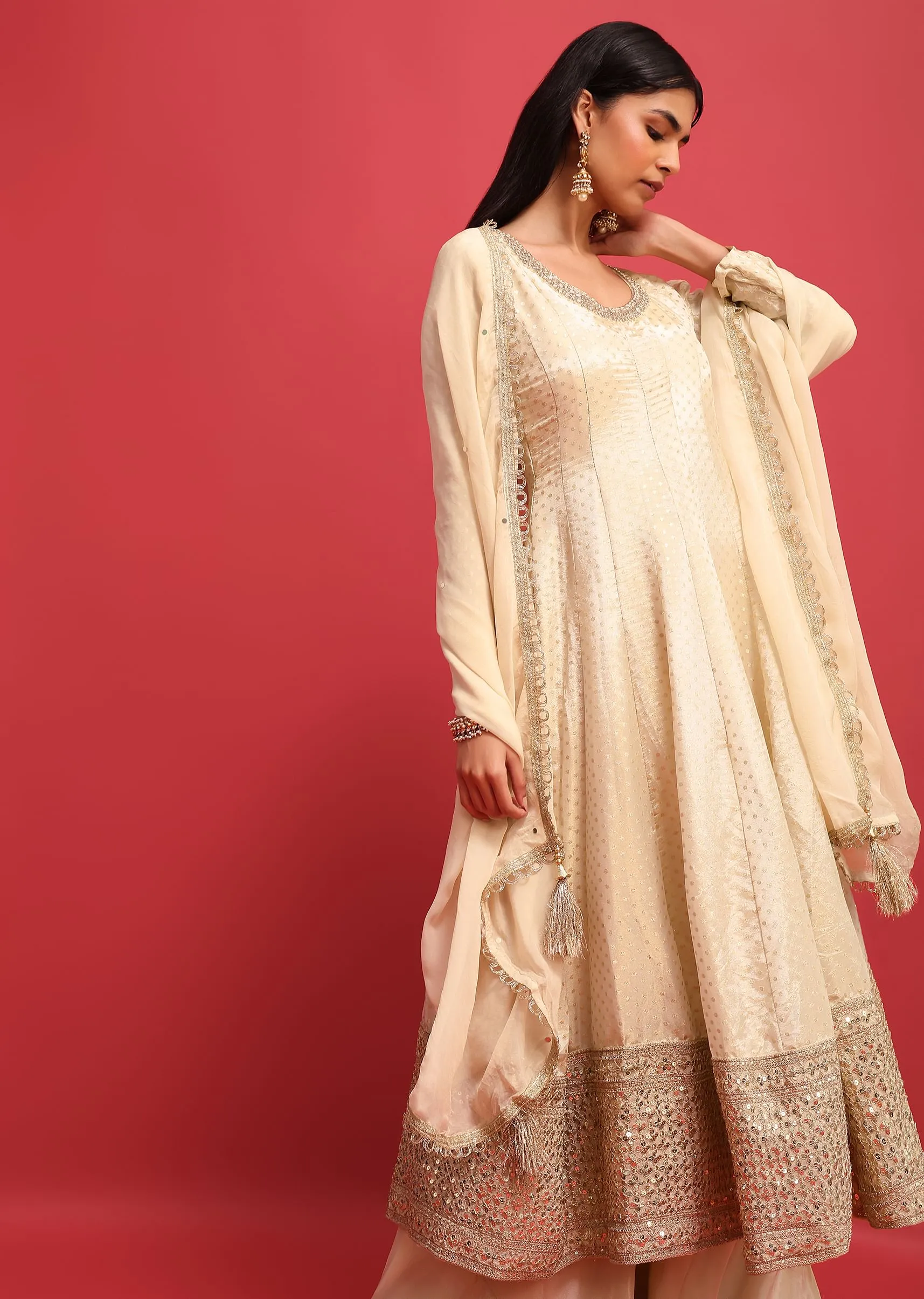 Ivory Tissue Kurta Palazzo Set With Mirror Embellishments