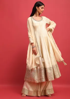 Ivory Tissue Kurta Palazzo Set With Mirror Embellishments