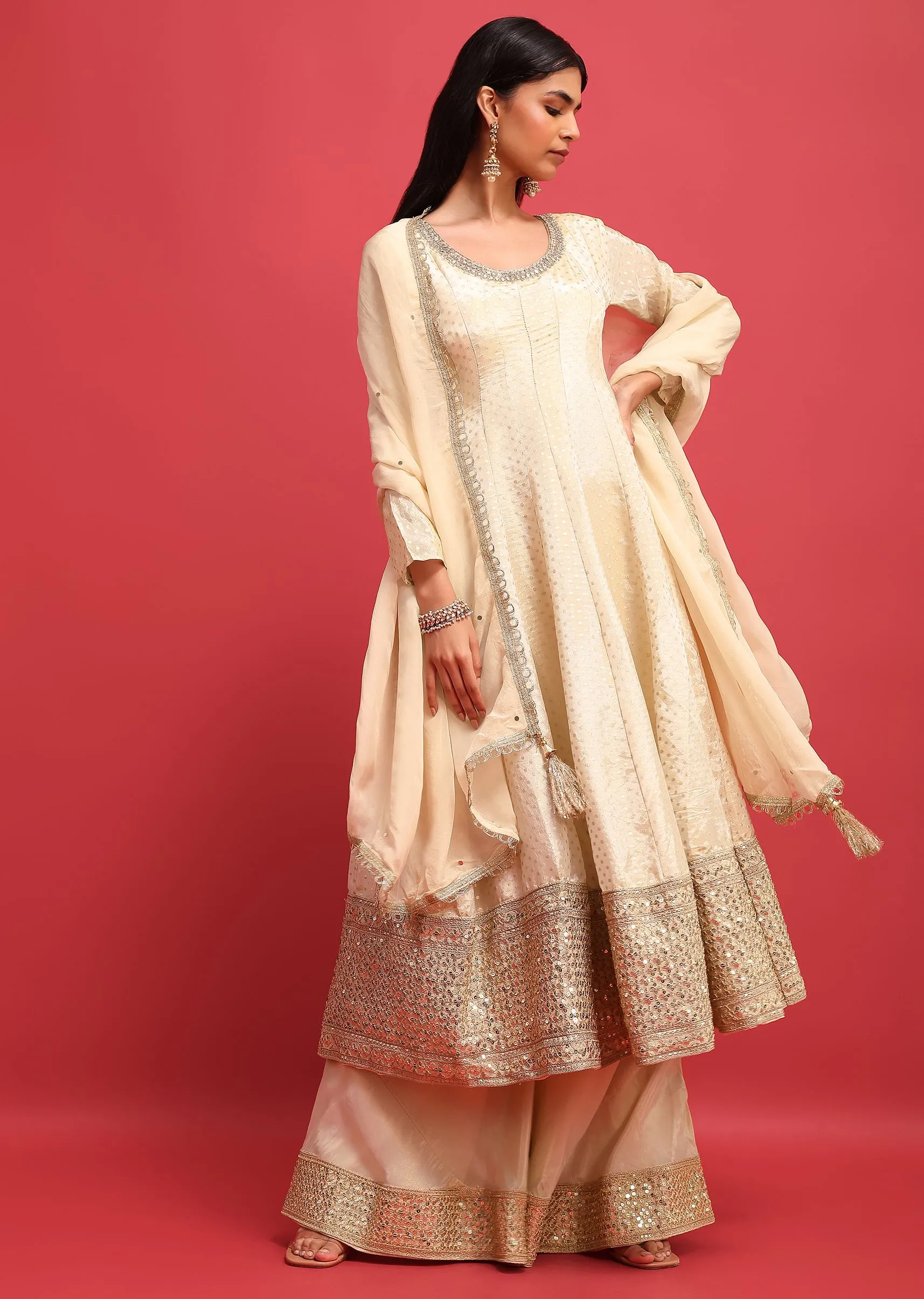 Ivory Tissue Kurta Palazzo Set With Mirror Embellishments