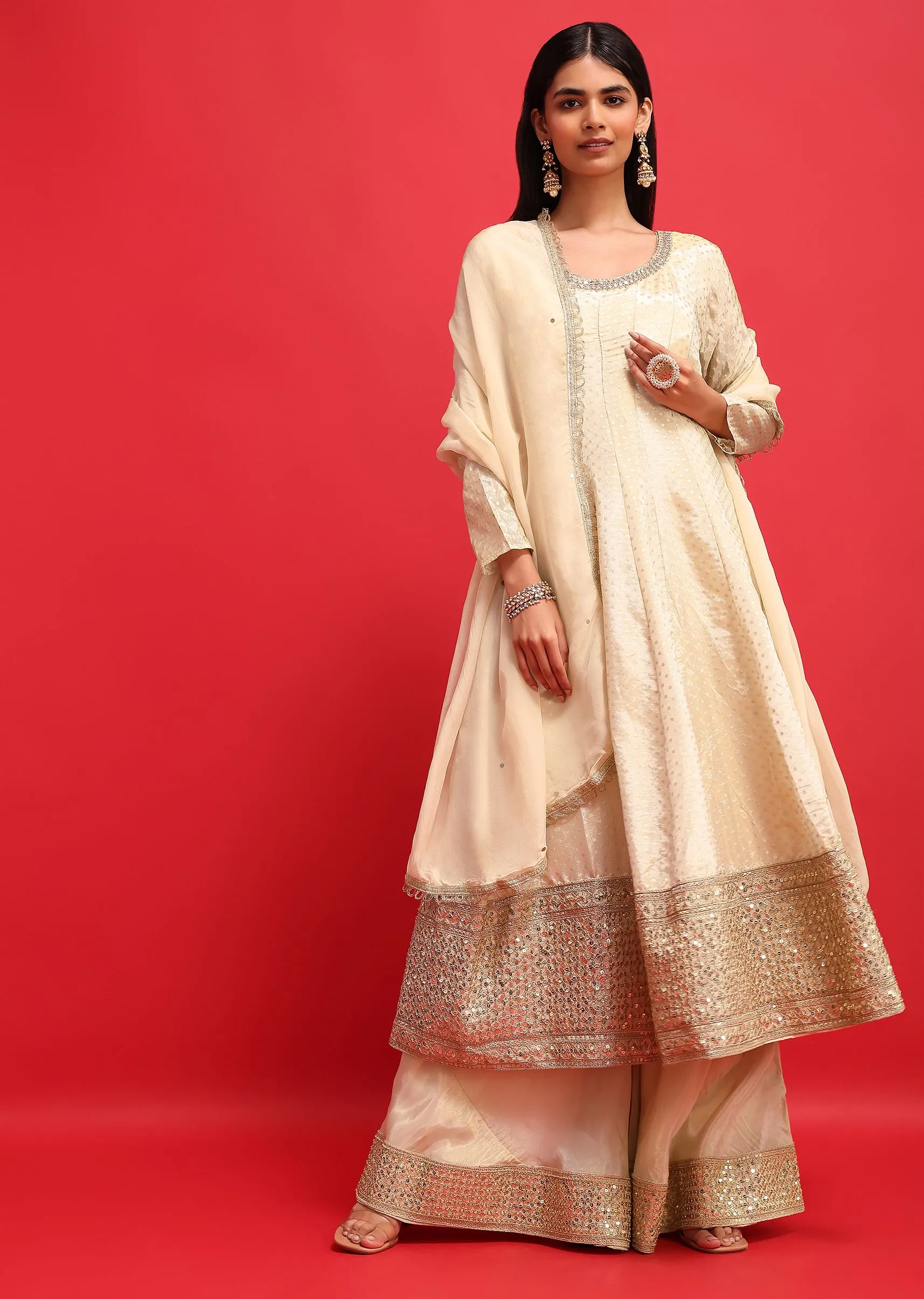 Ivory Tissue Kurta Palazzo Set With Mirror Embellishments