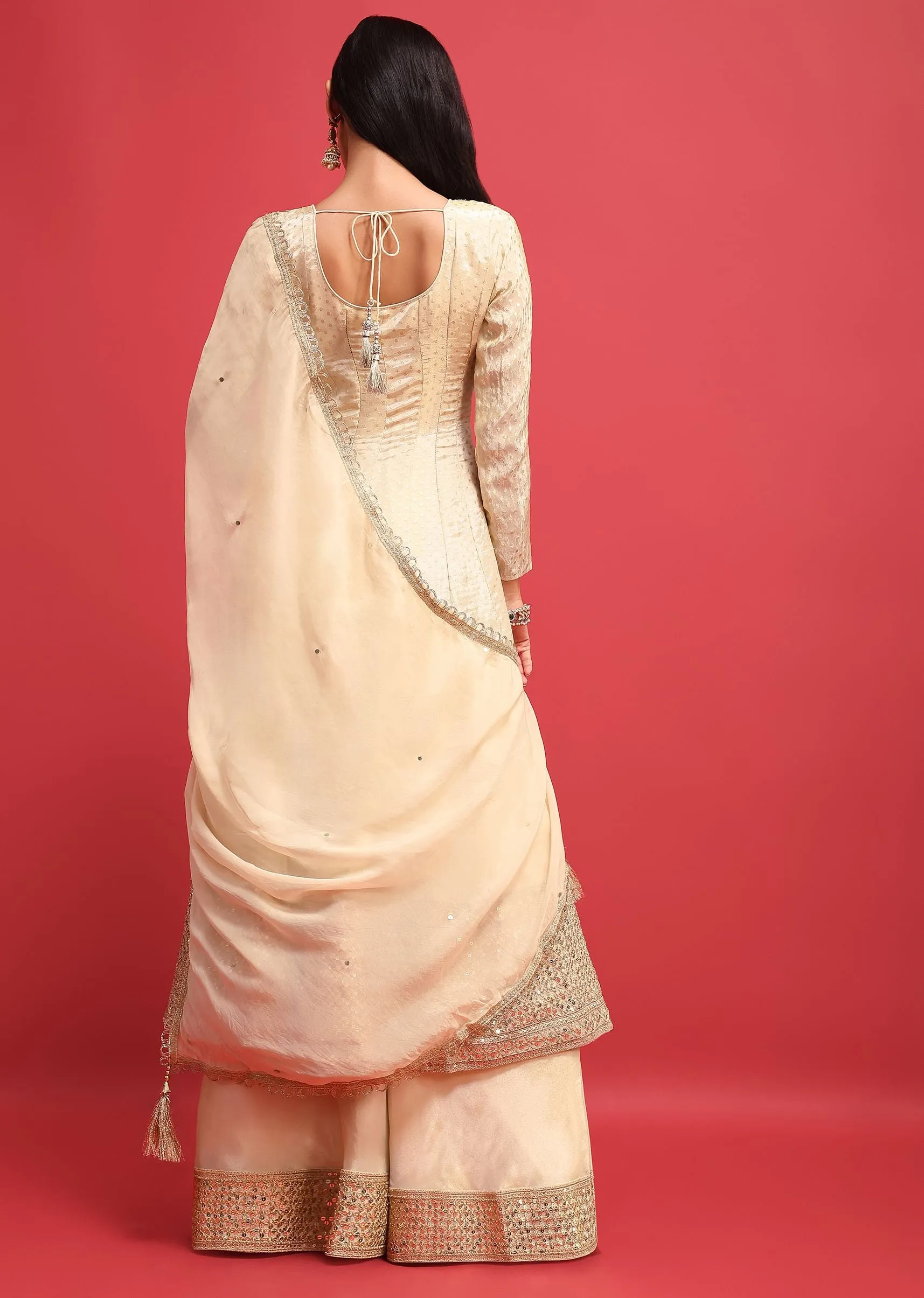 Ivory Tissue Kurta Palazzo Set With Mirror Embellishments