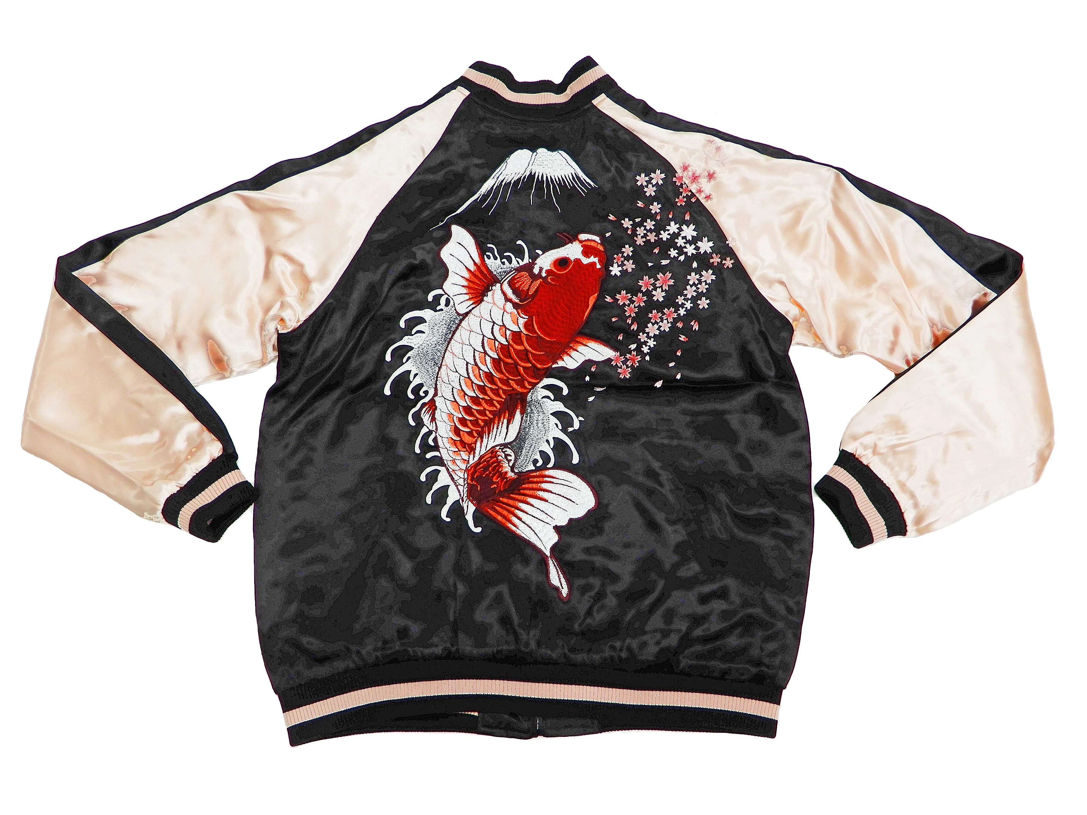 Japanesque Men's Japanese Souvenir Jacket koi fish Embroidered Sukajan 3RSJ-022 Black/Pink