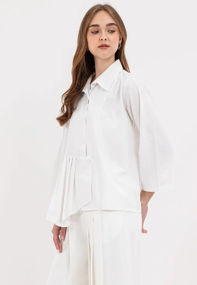 Juni Collared Neckline Pleated Hem Top