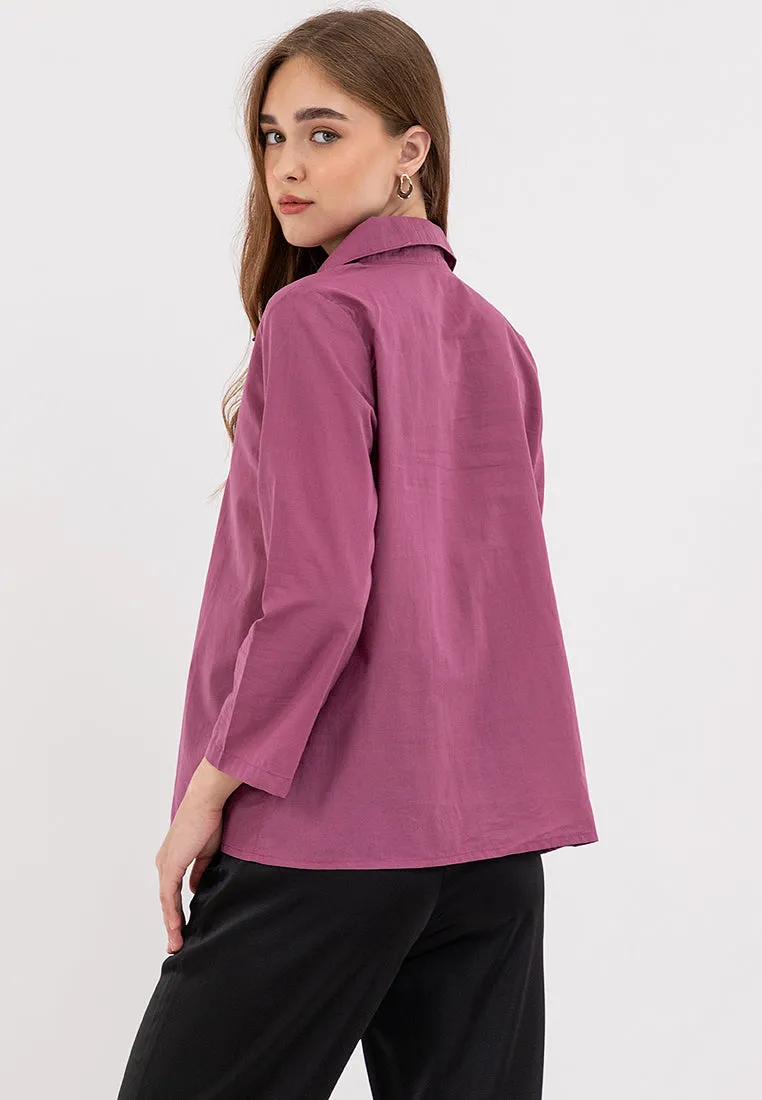 Juni Collared Neckline Pleated Hem Top