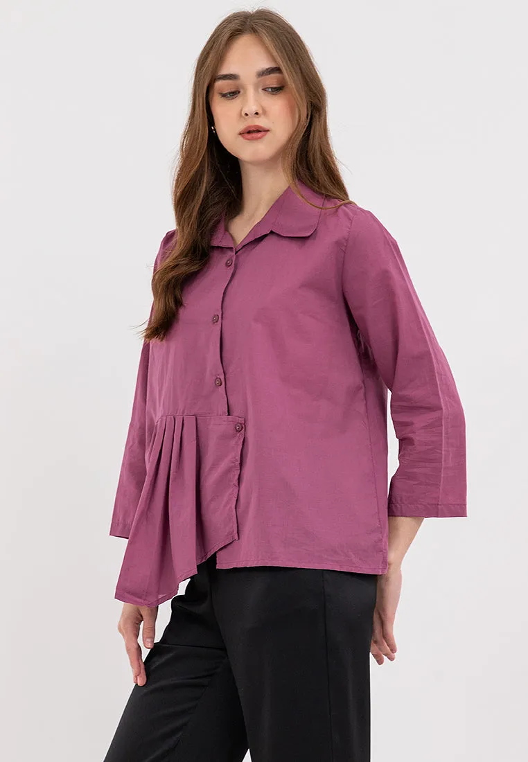 Juni Collared Neckline Pleated Hem Top
