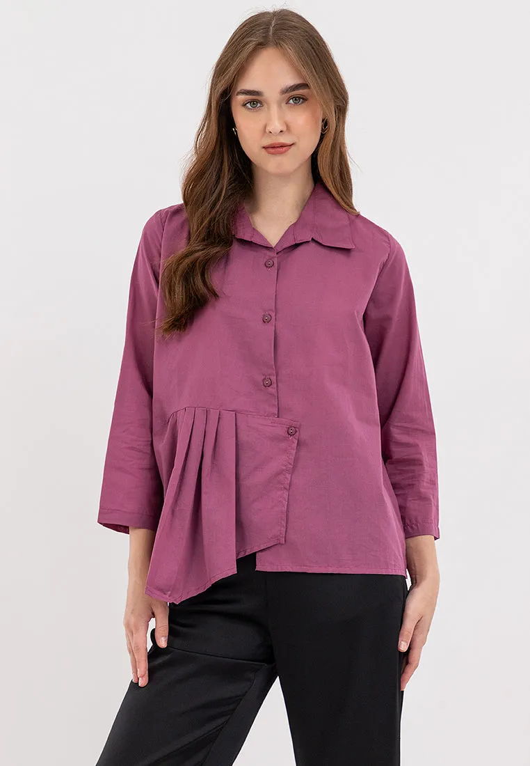 Juni Collared Neckline Pleated Hem Top