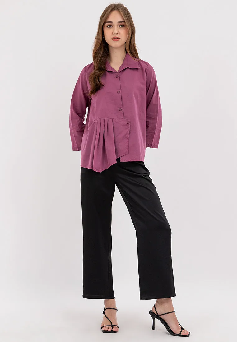 Juni Collared Neckline Pleated Hem Top