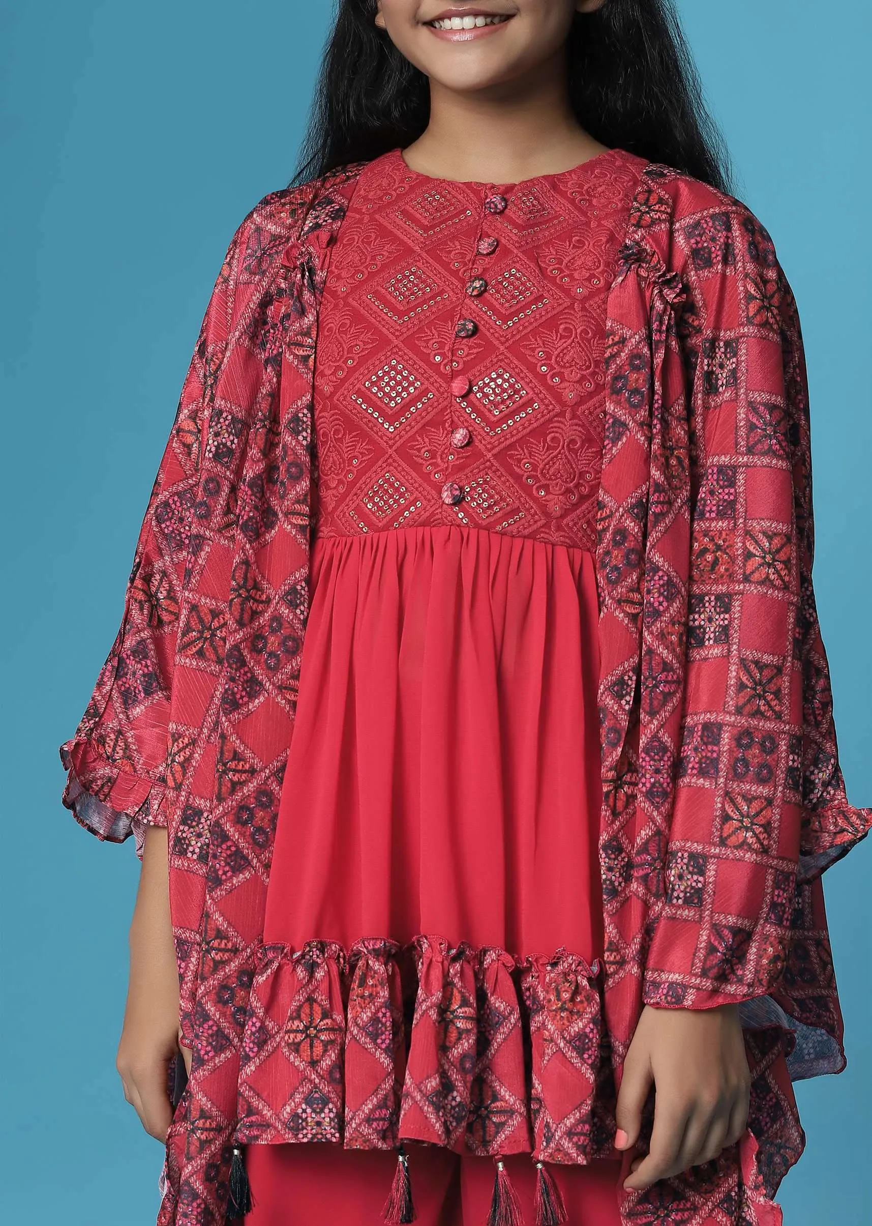 Kalki Hot Pink Embroidered Kurti And Palazzo Set In Georgette With Flared Sleeves For Girls