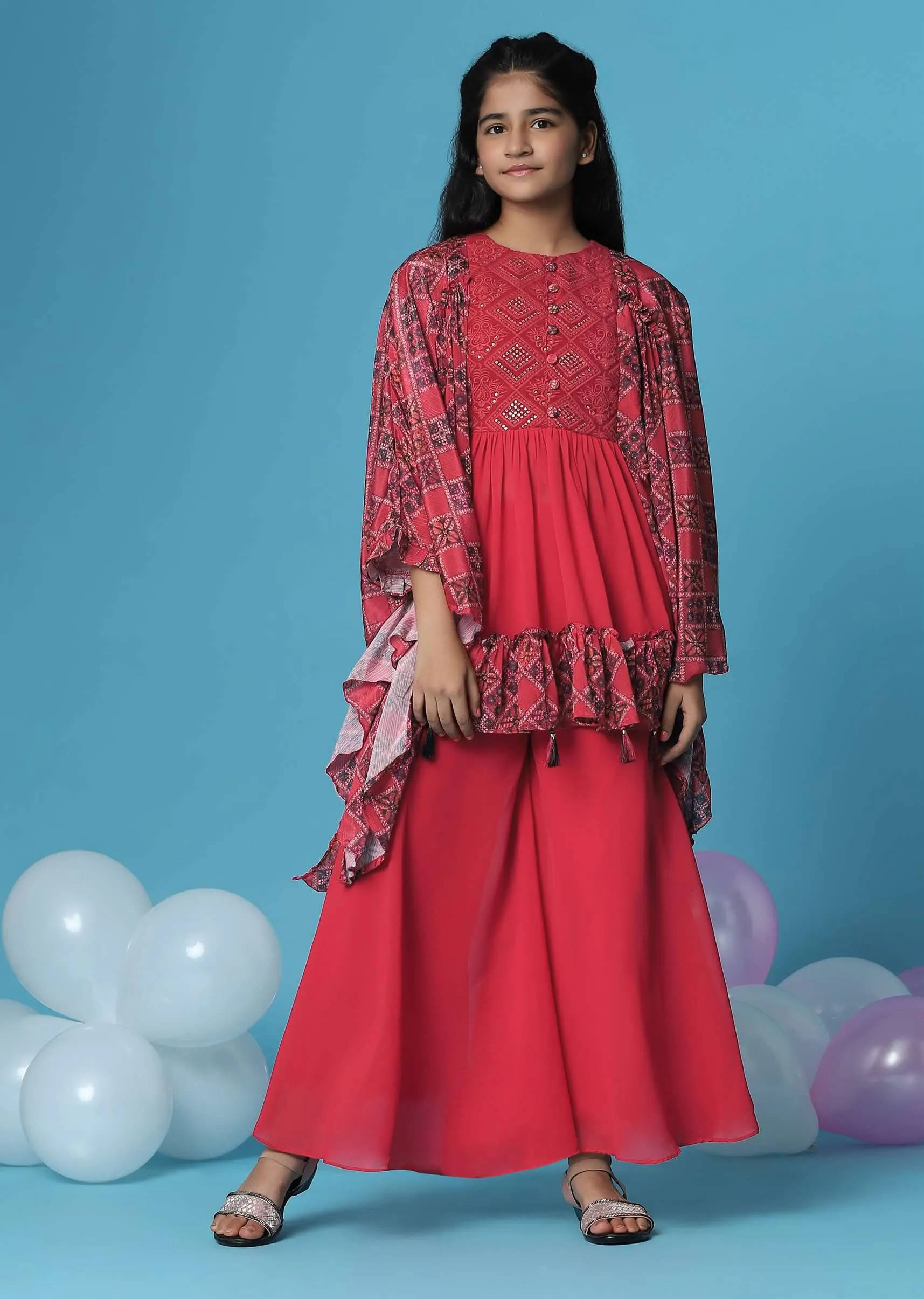 Kalki Hot Pink Embroidered Kurti And Palazzo Set In Georgette With Flared Sleeves For Girls
