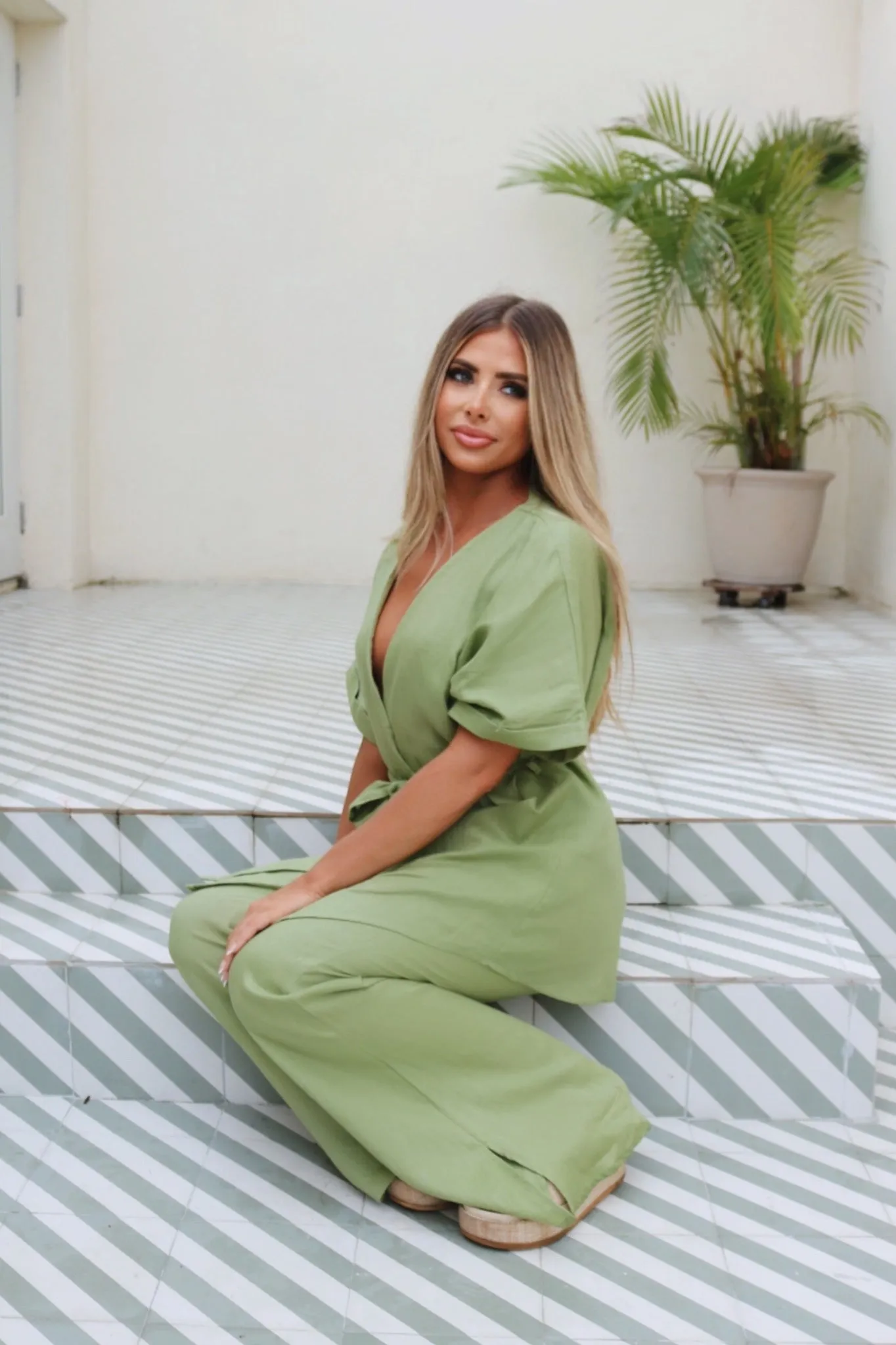 Luna Linen Pant Set - Olive