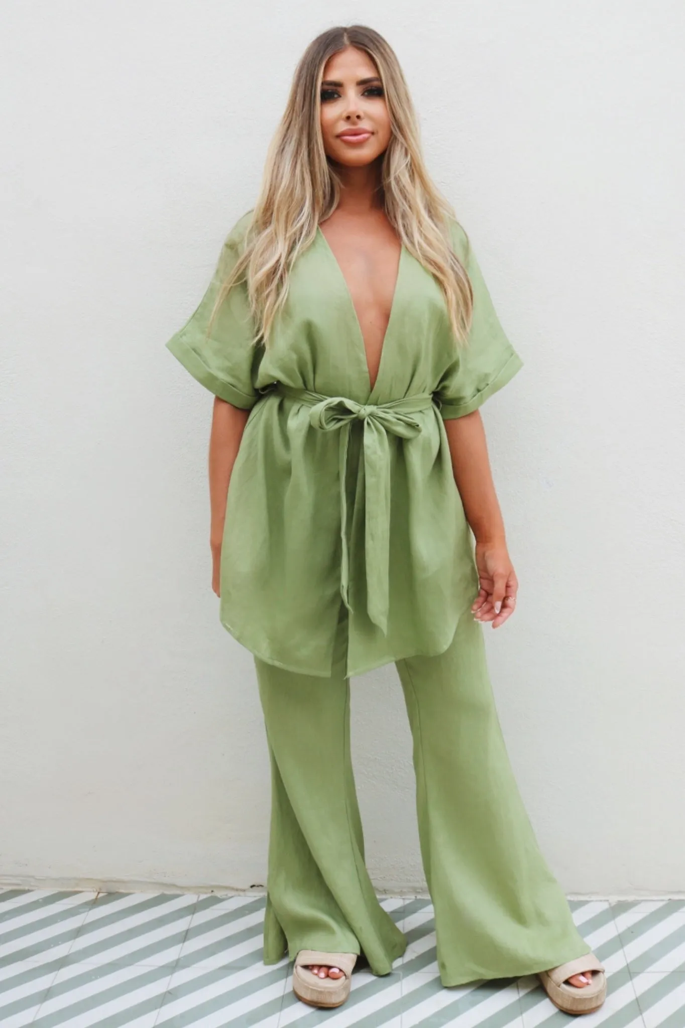 Luna Linen Pant Set - Olive