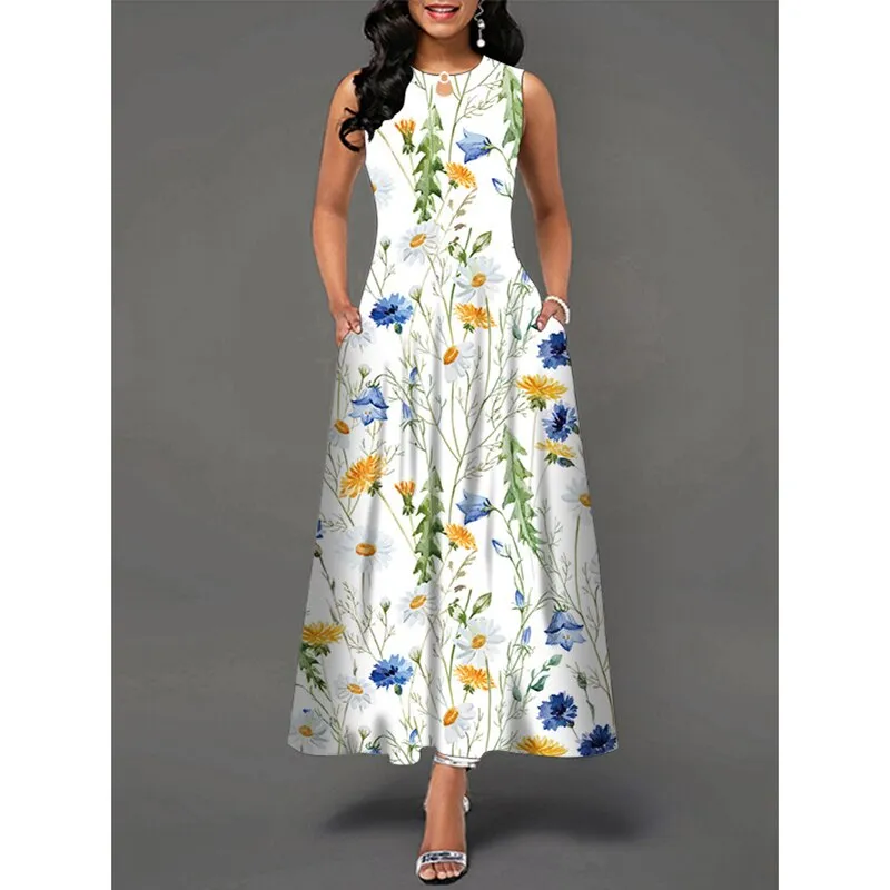 MOVOKAKA Ladies Spring Summer Long Dress Women White Sleeveless V-neck Pocket Elegant Dresses Casual Flowers Print Vintage Dress