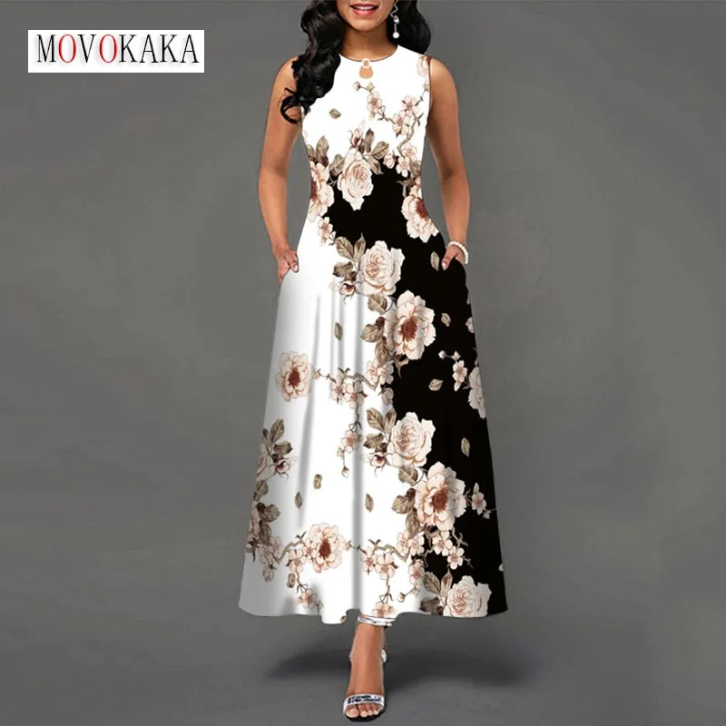 MOVOKAKA Ladies Spring Summer Long Dress Women White Sleeveless V-neck Pocket Elegant Dresses Casual Flowers Print Vintage Dress