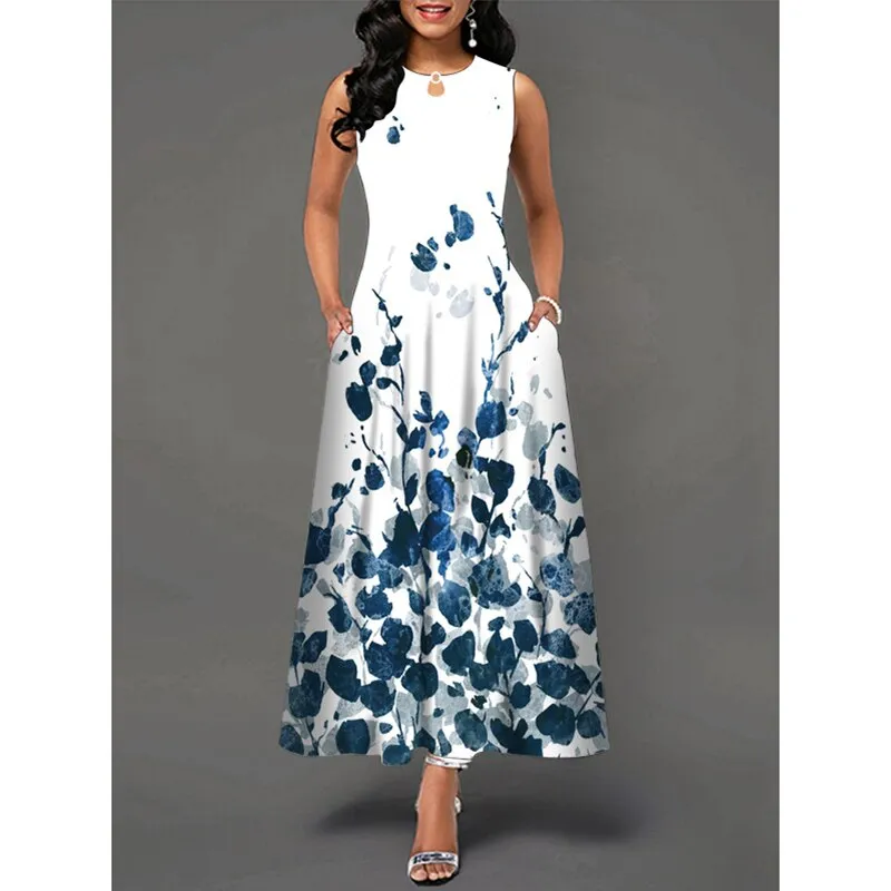 MOVOKAKA Ladies Spring Summer Long Dress Women White Sleeveless V-neck Pocket Elegant Dresses Casual Flowers Print Vintage Dress