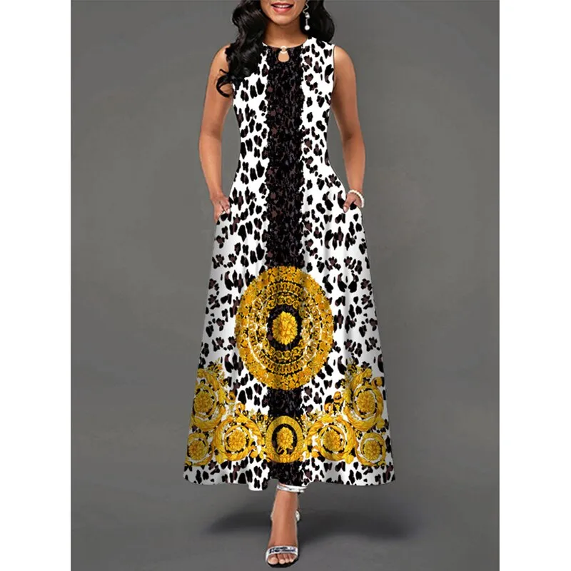 MOVOKAKA Ladies Spring Summer Long Dress Women White Sleeveless V-neck Pocket Elegant Dresses Casual Flowers Print Vintage Dress