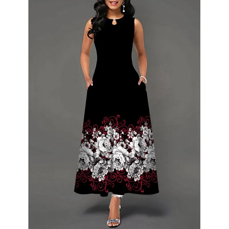 MOVOKAKA Ladies Spring Summer Long Dress Women White Sleeveless V-neck Pocket Elegant Dresses Casual Flowers Print Vintage Dress