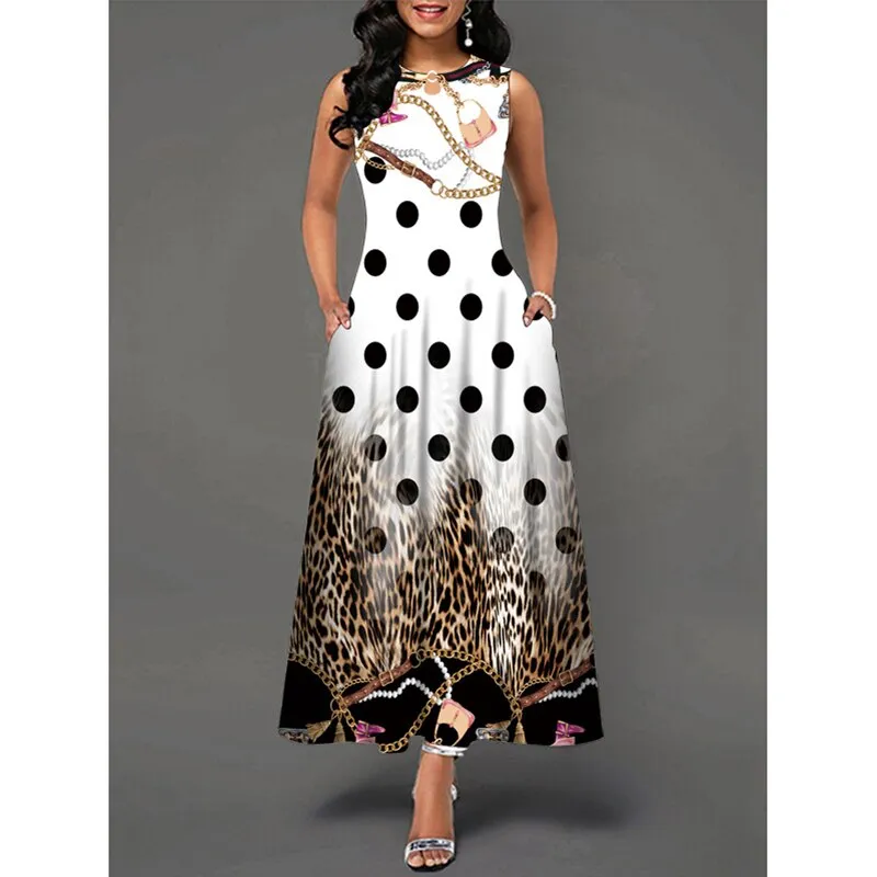 MOVOKAKA Ladies Spring Summer Long Dress Women White Sleeveless V-neck Pocket Elegant Dresses Casual Flowers Print Vintage Dress
