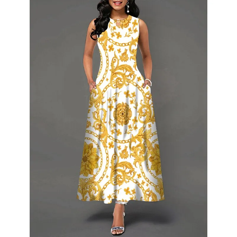 MOVOKAKA Ladies Spring Summer Long Dress Women White Sleeveless V-neck Pocket Elegant Dresses Casual Flowers Print Vintage Dress