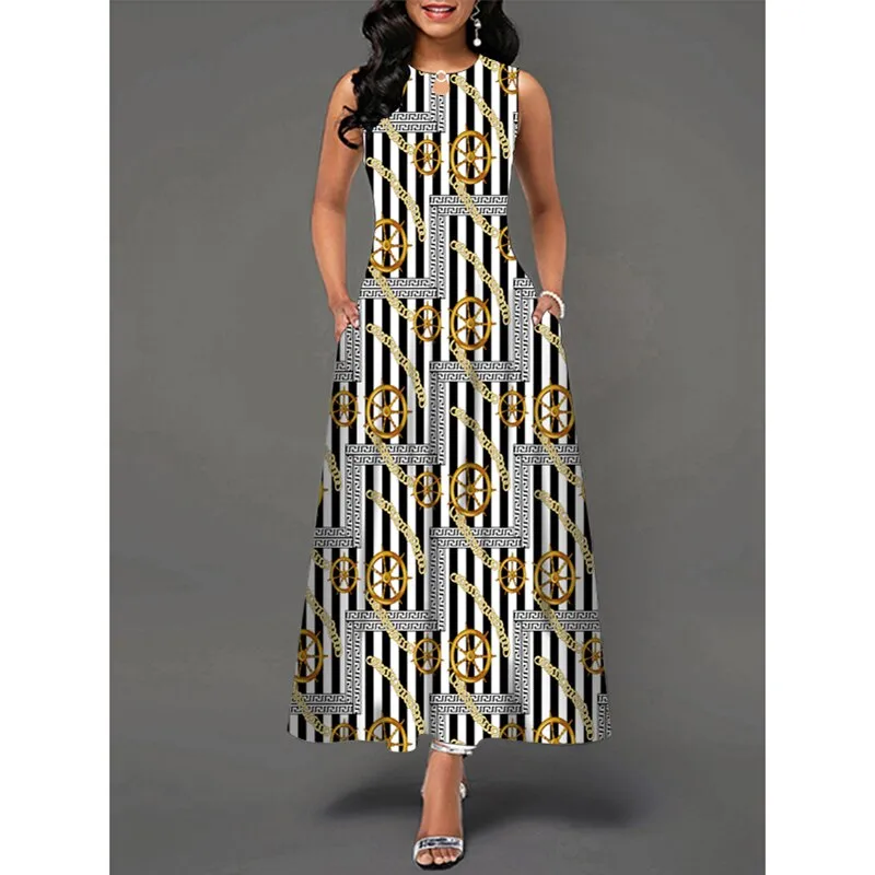MOVOKAKA Ladies Spring Summer Long Dress Women White Sleeveless V-neck Pocket Elegant Dresses Casual Flowers Print Vintage Dress
