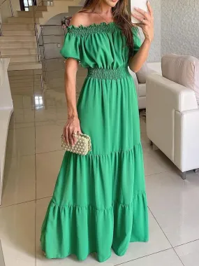 Off Shoulder Ruffles Summer Slash Neck Short Sleeve Elegant Maxi Dress